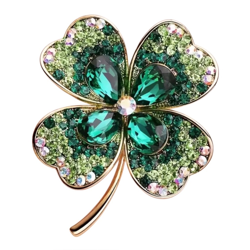 Four Leaf Clover Green Rhinestone Brooch Pin